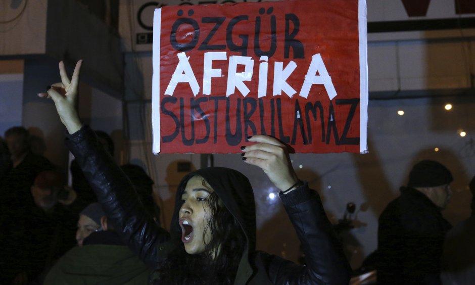 A woman demonstrating against the attacks by Turkish nationalists against the newspaper Afrika in northern Cyprus.
