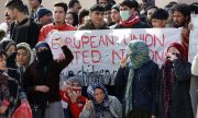 Protest von Asylsuchenden in der Hafenstadt Mytilini auf Lesbos am 4. Februar 2020. (© picture-alliance/dpa)