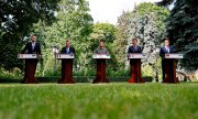 Iohannis, Draghi, Macron, Scholz am 16. Juni 2022 zu Besuch in Kyjiw (in der Mitte Selenskyj). (© picture alliance/ASSOCIATED PRESS/Ludovic Marin)