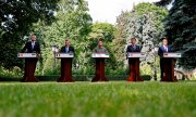 Iohannis, Draghi, Macron, Scholz am 16. Juni 2022 zu Besuch in Kyjiw (in der Mitte Selenskyj). (© picture alliance/ASSOCIATED PRESS/Ludovic Marin)