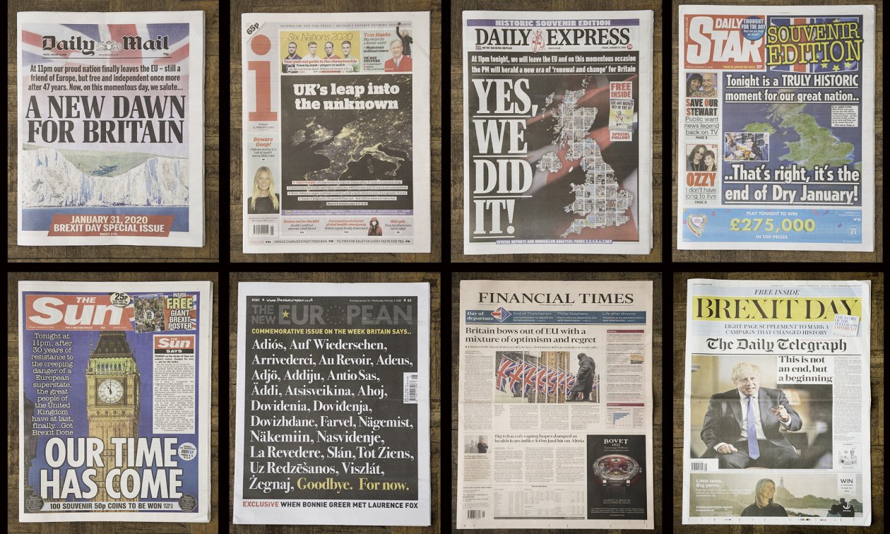 The front pages of British newspapers on 31 January 2020, "Brexit Day". Most media back the withdrawal from the EU.