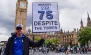 "75 despite the Tories" reads a placard at a demonstration for the NHS in London on 5 July. (© picture alliance / ZUMAPRESS.com / Vuk Valcic)