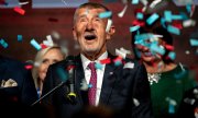 Andrej Babiš celebrating his win at the ANO party headquarters in Prague on 4 October 2025. (picture alliance / Anadolu Lukas Kabon)