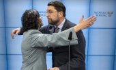 Simona Mohamsson und Jimmie Åkesson bei ihrer Pressekonferenz am 13. März in Stockholm. (© picture alliance / TT NYHETSBYRÅN / Anders Wiklund/TT)