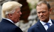 US-Präsident Donald Trump und der Präsident des Europäischen Rats, Donald Tusk, beim G7-Gipfel in Taormina. (© picture-alliance/dpa)