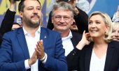 Lega-Chef Matteo Salvini, AfD-Sprecher Jörg Meuthen und die Vorsitzende des Rassemblement National, Marine Le Pen. (© picture-alliance/dpa)