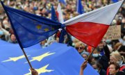 Manifestation contre une sortie de la Pologne de l'UE, le 10 octobre 2021 à Cracovie. (© picture alliance/ZUMAPRESS.com/Alex Bona)