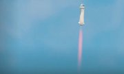 Capture d'écran vidéo du décollage du vaisseau spatial New Shepard, de Jeff Bezos, le 20 juillet 2021. (© picture-alliance/abaca)