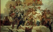 İspanyol fatih Cortés ve yanındaki birlikler Tenochtitlan'daki Aztek tapınağını ele geçirirken (Emanuel leutze'nin tablosu). (© picture-alliance/dpa)
