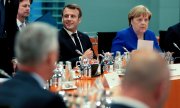 Emmanuel Macron und Angela Merkel am 29. April 2019 auf dem Balkan-Gipfel in Berlin. (© picture-alliance/dpa)