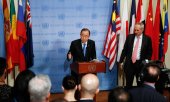 Conférence de presse à New York de Ban Ki Moon, secrétaire général de l'ONU, sur les essais nucléaires nord-coréens. (© picture-alliance/dpa)