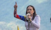 María Corina Machado speaking at an opposition rally in Caracas on the eve of the presidential elections on 10 January, her only public appearance since the summer of 2024. (© picture alliance / ZUMAPRESS.com / Jimmy Villalta)