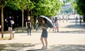 In Paris suchen Menschen im Jardin des Tuileries Abkühlung am 25. Mai 2025. (© picture alliance / NurPhoto  Adnan Farzat)