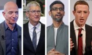 Montage mit Fotos der Vorstandschefs von Amazon (Jeff Bezos), Apple (Tim Cook), Google (Sundar Pichai) und Facebook (Mark Zuckerberg, v.l.n.r.). (© picture-alliance/dpa)