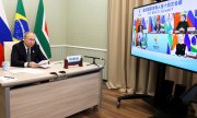 Der russische Präsident Wladimir Putin nimmt per Videokonferenz an der Eröffnungszeremonie des Brics-Wirtschaftsforums teil, 23. Juni 2022. (© picture alliance / ASSOCIATED PRESS / Mikhail Metzel)