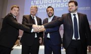 From left: Olli Kotro (The Finns), Jörg Meuthen (AfD), Matteo Salvini (Lega) and Anders Vistisen (the Danish People's Party). (© picture-alliance/dpa)