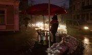 Hanelerin yüzde 70'inde elektrik kesintisi yaşanan Kiev'de, araba farlarının ışığı altında çiçek satan bir kadın. (© picture alliance/AA/Andre Luis Alves)
